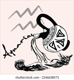 Illustration graphic of Aquarius Zodiac sign with image of water bearer or jar and star sign.
Suitable design for postcard, wishes card, quotes card birthday card, symbol sign etc