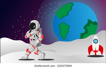 Illustration Graphic Of Astronout Walking On The Moon Good For Decoration Chidren room, Poster and Wallpaper