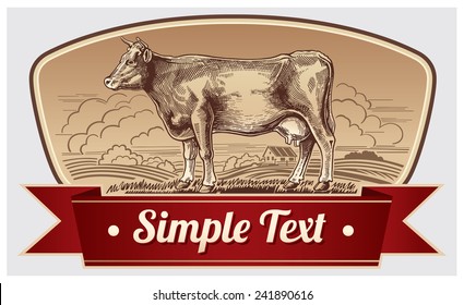 illustration graphic cow in a landscape.