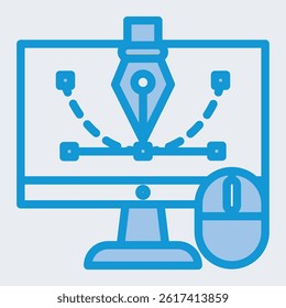 Illustration of a graphic design concept, featuring a computer monitor, mouse, and pen tool icon, used for digital design and creation
