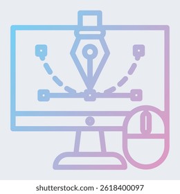 Illustration of a graphic design concept, featuring a computer monitor, mouse, and pen tool icon, used for digital design and creation