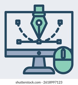 Illustration of a graphic design concept, featuring a computer monitor, mouse, and pen tool icon, used for digital design and creation.