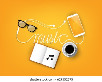 illustration graphic design of music background, headphone's wire as music alphabet form with gadget background, music graphic design concept