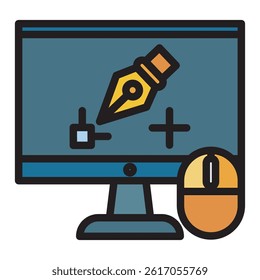 Illustration of a graphic design setup, featuring a monitor displaying a pen tool, a square shape, and a plus symbol, with a mouse on the side.