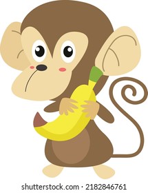 illustration, graphic design, vector, character, and cartoon of cute monkey with banana. good for logo, mascot, symbol, icon. Funny chimpanzee, baby primate seamless pattern. forrest nature jungle