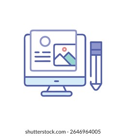 Illustration of graphic design workstation with pencil and project shown on screen in flat, outline style on White Background.