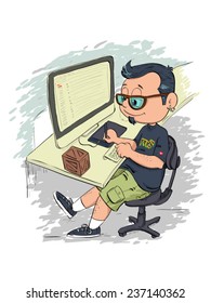 Illustration of a graphic designer using his computer