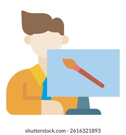 Illustration of a graphic designer working on a computer, using a brush tool. Perfect for design