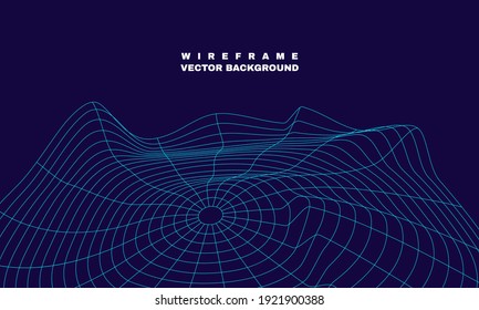 Illustration of graphic digital landscape with particles dots and stars on horizon. Wireframe landscape background. Big Data. 3d futuristic vector illustration.