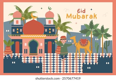 Illustration Graphic of Eid Mubarak Festive Traditions with Adorable Boy with Camel. Islamic holiday vector illustrations, Arabic architecture, mosque and background for a poster, banner and Cards