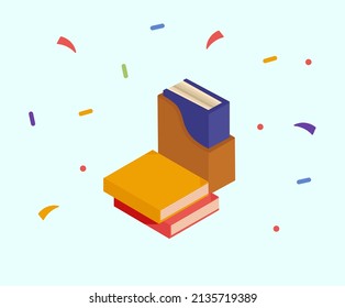 Ilustración de elementos gráficos que representan archivos 3D, documentos, documentos, libros y polen volador