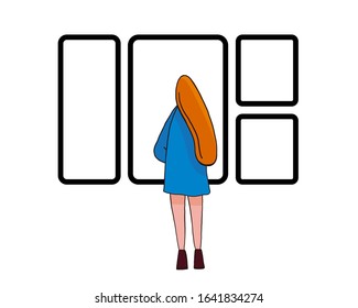 illustration, graphic elements, selection of a woman at an exhibition in front of Windows, monitors and set of icons, cartoon stylization of a human programmer scientist. science and art exhibition