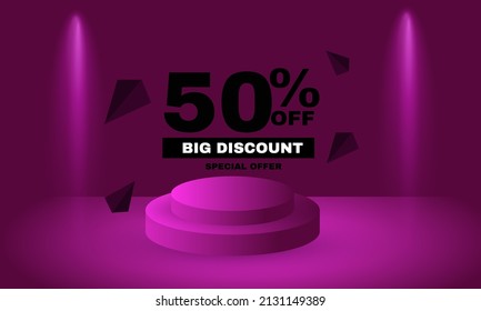 illustration graphic Fifty percent discount. colorful podium with confetti on purple bakcground.