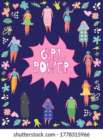 illustration graphic group of women, girls, power, strong, strength. Girl power