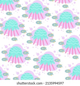 Illustration graphic hand drawn cute fish and giant squid pattern premium vector