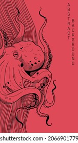 illustration with graphic hand drawn octopus in black and red colours with simple pattern