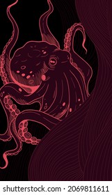 illustration with graphic hand drawn octopus on red and black with simple lines. 