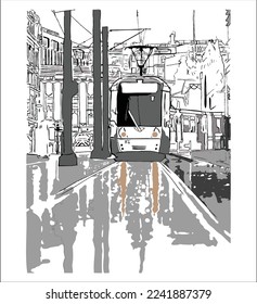 Illustration graphic of an inter city rail  tram with building illustration in the behind.
Suitable design for postcard, wishes card, quotes card etc