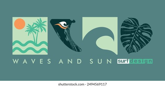Illustration with graphic representation of elements of summer, the coast and surfing.