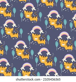 illustration graphic seamless pattern abstract cute cat and rainbow cartoon premium vector 
for kids and baby. Print on t shirts, fabric, linen, textile and wallpaper background