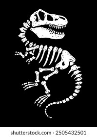 Illustration in a graphic and stripped-down style of a Tyrannosaurus Rex fossil. Art in simple shapes of a dinosaur skeleton.