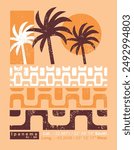Illustration in graphic style of composition of coconut trees and graphic representation of the sidewalk on Ipanema beach, Rio de Janeiro, Brazil.