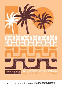 Illustration in graphic style of composition of coconut trees and graphic representation of the sidewalk on Ipanema beach, Rio de Janeiro, Brazil.