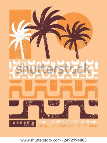Illustration in graphic style of composition of coconut trees and graphic representation of the sidewalk on Ipanema beach, Rio de Janeiro, Brazil.