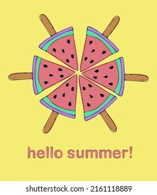 Illustration in graphic style. hand-drawn drawing. ice cream in the form of a slice of watermelon on a stick. the inscription hello summer! vector