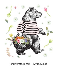 Illustration in graphic style with the walking bear. Side view bear wearing t-shirt with the basket full of fruits and Flowers and Floral Background. Vector Grunge Print.