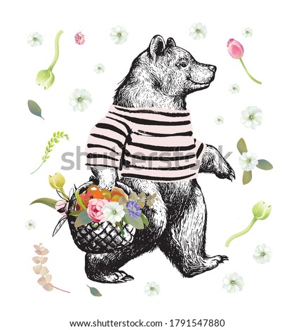 Illustration in graphic style with the walking bear. Side view bear wearing t-shirt with the basket full of fruits and Flowers and Floral Background. Vector Grunge Print.