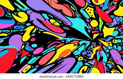 ilustración vector gráfico de fondo negro abstracto, el cielo está decorado con formas coloridas