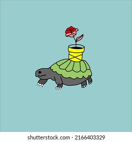 Illustration Graphic Vector Animated Turtle Carrying A Flower Pot