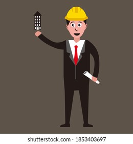 illustration graphic vector of Architect with blueprint and mini building, 