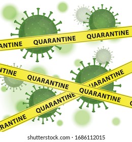 Illustration graphic vector of Corona virus with yellow warning tapes with word Quarantine, infection in Wuhan. Green virus, white background, epidemic, covid-19 pandemic
