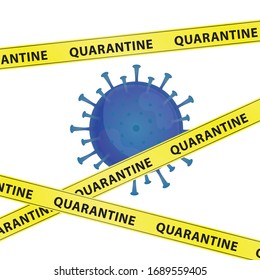 Ilustración vector gráfico del virus Corona con cintas de advertencia amarillas con la palabra cuarentena, infección en Wuhan. Virus verde, fondo blanco, epidemia, pandémica covid-19
