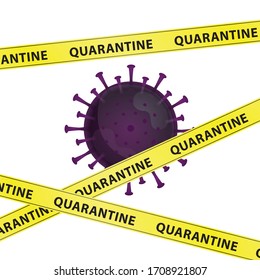 Illustration graphic vector of Corona virus with yellow warning tapes with word Quarantine, infection in Wuhan. purple virus, white background, epidemic, covid-19 pandemic