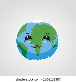 Illustration grafische Vektorillustration der Erde mit traurigem Ausdruck, Cartoon-Charakter, Kawaii-Stil, süße Erde, Vektorillustration-Illustration