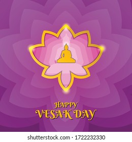 Illustration graphic vector is Happy Vesak day with budha and flower in gold outline. Perfect for greeting in social media or banner.