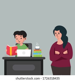 Illustration graphic vector of Home learning, learning from home, Mother is helping student to do homework. Flat cartoon style design.