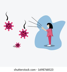 illustration graphic vector is human protect the woman who is fighting the virus and defeating it is protected by protected by spraying disinfectant liquid or hand sanitizer. Perfect for your brochure