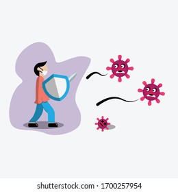 illustration graphic vector is human protect the man who is fighting the virus and defeating it is protected by a shield and carrying a sword. Perfect for your brochure, banner or web design