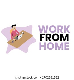 ilustración vector gráfico es el hombre con su portátil haciendo trabajo desde casa. Perfecto para el diseño de pancartas, volante, diseño web, medios sociales sobre el trabajo en casa. Uso de fuentes libres: poppin.