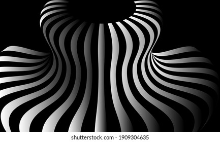 Illustration of graphic Vector optical art illusion of striped geometric black and white abstract surface flowing like a hypnotic worm-hole tunnel.
