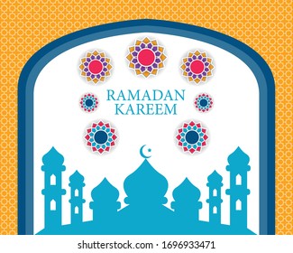 Illustration graphic vector is ramadan kareem with siluet of mosque and patern or architecture of islam mosque. Perfect for greeting in social media or banner.