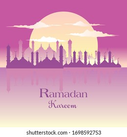 Illustration graphic vector of Ramadan Kareem. Beautiful traditional greeting card wishes for holy month Mubarak and Karim for Muslim. ramada karem with mosque. vector illustration.