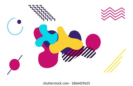 Illustration of graphic Vector illustration set of abstract figures of bright liquid modern shapes on dark background with neon colors. 