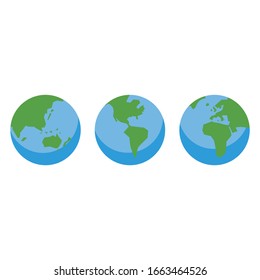Illustration graphic vector set of planet earth, Earth globes isolated on white background. Flat planet Earth icon. Vector illustration.