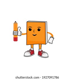illustration graphic vector smiling book holding a pencil. cute cartoon book