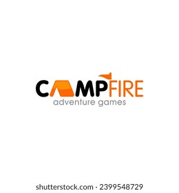 Illustrationsgrafik-Vektorgrafik eines Sommerfeuers, Feuer auf Feuerholz mit Zelt in der Logo-Design-Vorlage brennend auf Feuerholz
